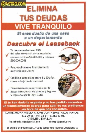Sara Contreras Anuncios de Propiedades en Santiago |  Necesita salir de sus deudas, pero tiene dicom? prestamo cn casa, leaseback, Con su casa o depto